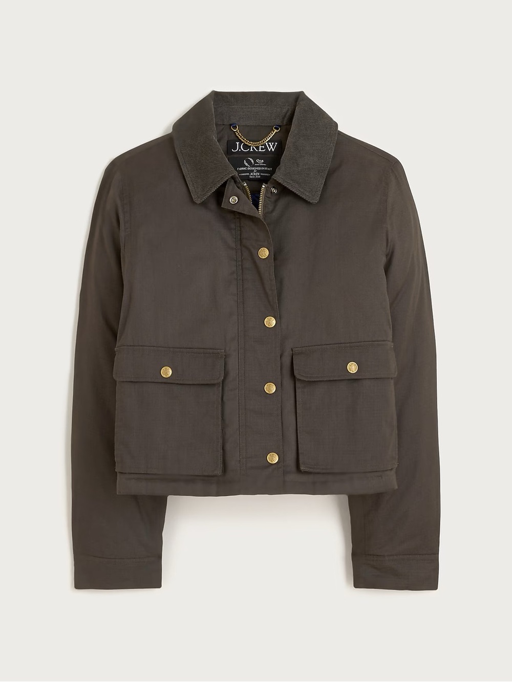 NWT J. Crew Olive Short Utility Jacket with Corduroy Collar